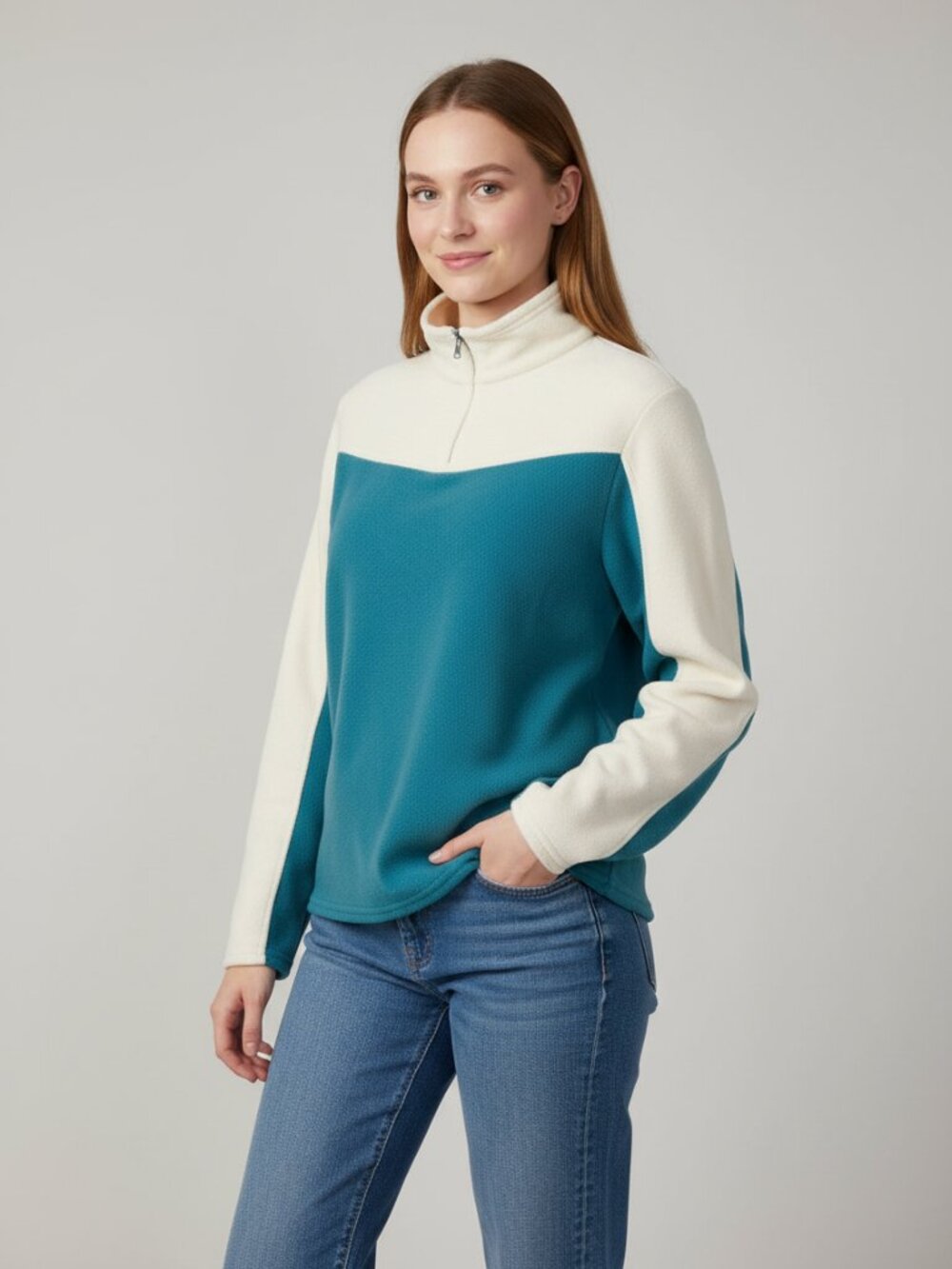 L.L. Bean Teal and White Half-Zip Fleece Pullover